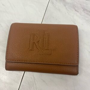 Ralph Lauren Tan Pebbled Leather Compact Wallet with Embossed RL